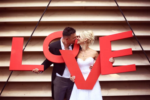 Bruden och brudgummen håller stora kärleksbrev — Stockfoto