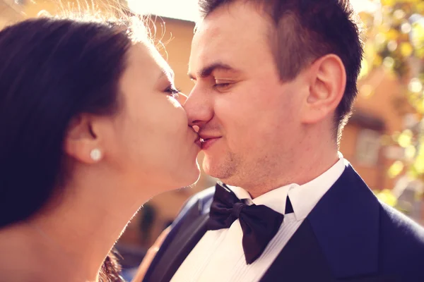 Bride and groom kissing — Stock Photo, Image