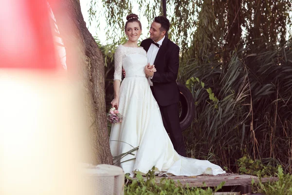 Beautiful bridal couple near trees — Stock Photo, Image