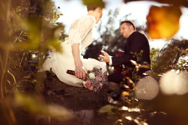 Bride and groom in beautiful sunlight — Stock Photo, Image