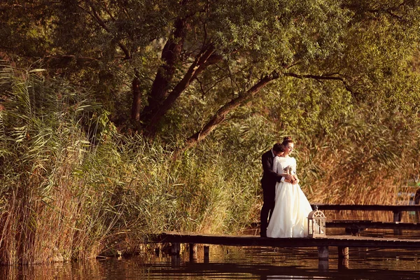 Наречений і наречений біля озера — стокове фото