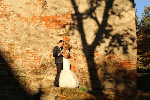 Bride and groom embracing near bricked wall — Stock Photo, Image