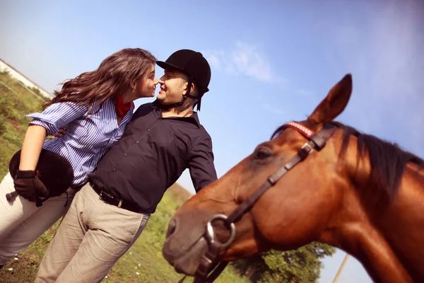 Casal brincando com um cavalo — Fotografia de Stock