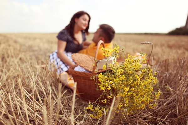 Casal nos campos fazendo piquenique — Fotografia de Stock