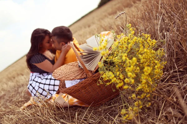 Pareja acostada en la hierba teniendo picnic — Foto de Stock