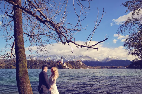 Bride and groom embracing near lake — Stock Photo, Image