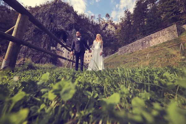 Bride and groom near castle — Stock Photo, Image