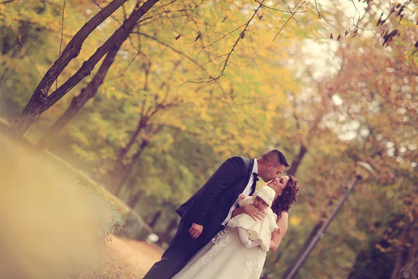 Bruden och brudgummen embracing i parken — Stockfoto