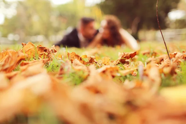 Noiva e noivo que põe em folhas de outono — Fotografia de Stock