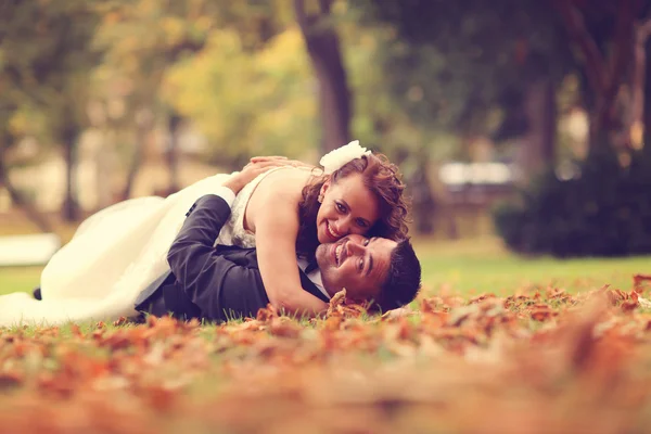 Braut und Bräutigam legen sich auf Herbstlaub — Stockfoto