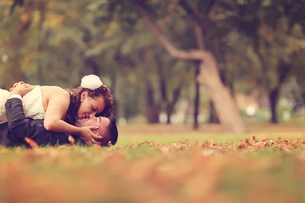 Braut und Bräutigam legen sich auf Herbstlaub — Stockfoto