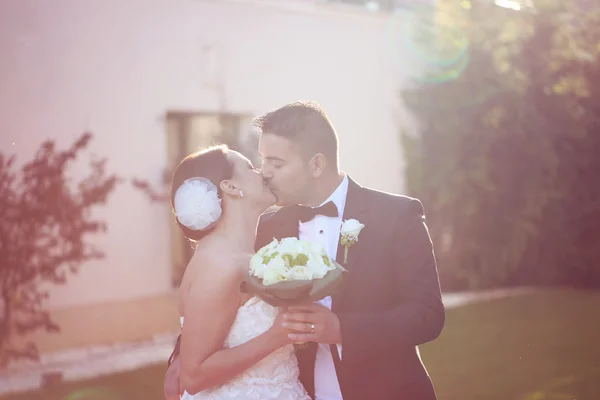 Beautiful bridal couple in the sunlight — Stock Photo, Image