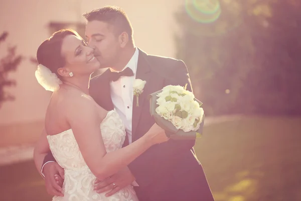 Hermosa pareja nupcial a la luz del sol — Foto de Stock