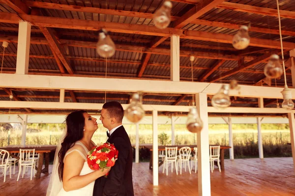 Bride and groom with light bulbs hanging — Stock Photo, Image