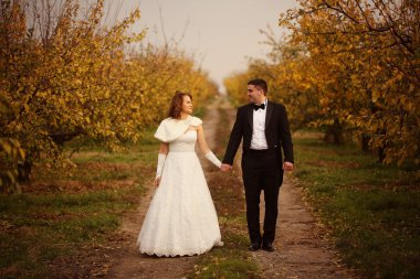 Gelin ve damat bir yolda el ele tutuşarak