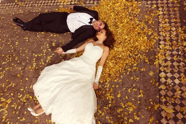 Жених и невеста лежат на осенних листьях — стоковое фото