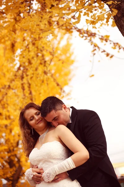 Bride and groom on autumn day — Stock Photo, Image