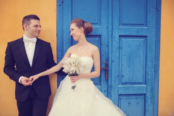 Sposa e sposo che si tengono per mano — Foto Stock