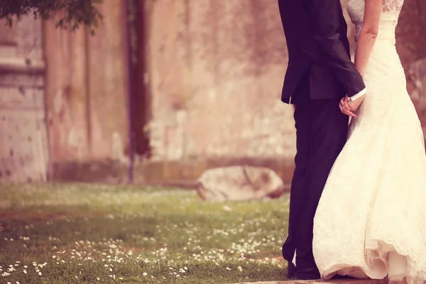 Close up of a bride and groom holding hands — Stock Photo, Image