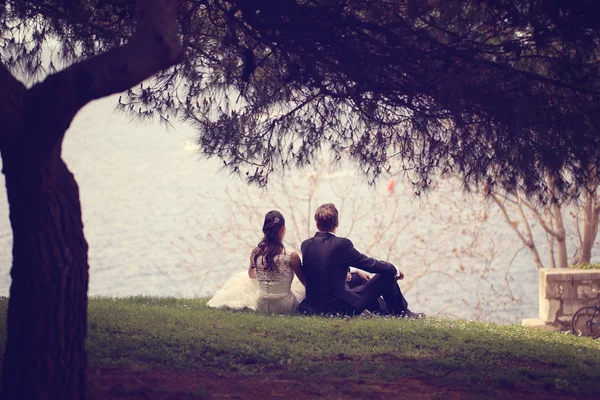 Noiva e noivo sentado no lago — Fotografia de Stock