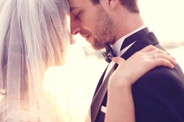 Close up van een bruid en een bruidegom omarmen — Stockfoto