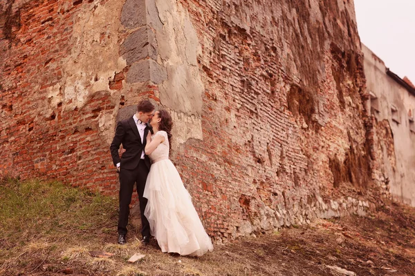 Bride and groom against a bricked wall — Stock Photo, Image