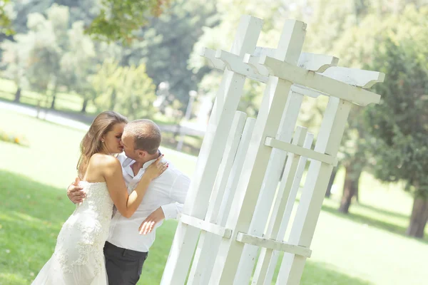 Noivo e noiva em seu dia de casamento — Fotografia de Stock