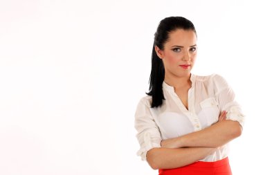 Bir genç çekici iş kadın portresi. Beyaz arka planda Isoleted.