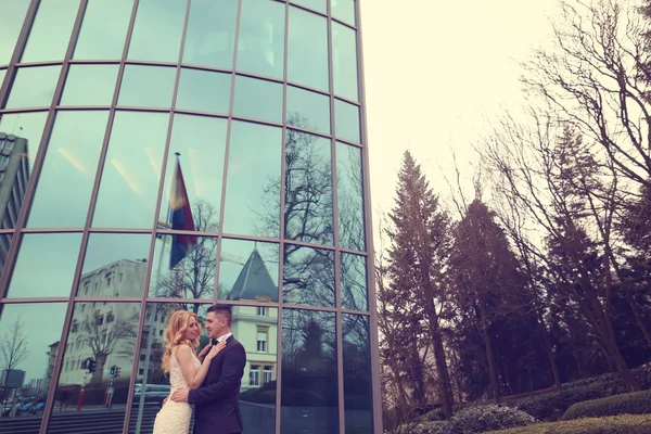 Bruidspaar in de buurt van gebouw gemaakt van glas — Stockfoto