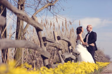 Gelin ve damat el ele tutuşuyorlar.