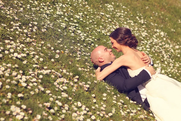 草の上に横たわる新郎新婦 — ストック写真