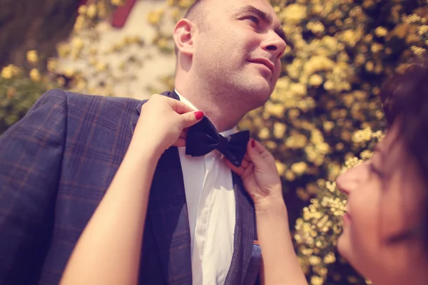 Novia ayudando al novio con la corbata —  Fotos de Stock