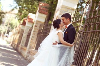 Parkta kucaklayan mutlu gelin Çift