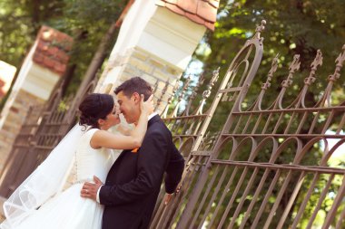 Parkta kucaklayan mutlu gelin Çift