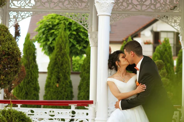 Schönes Brautpaar, das sich draußen umarmt — Stockfoto