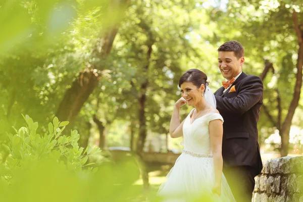 Feliz casal nupcial abraçando no parque — Fotografia de Stock