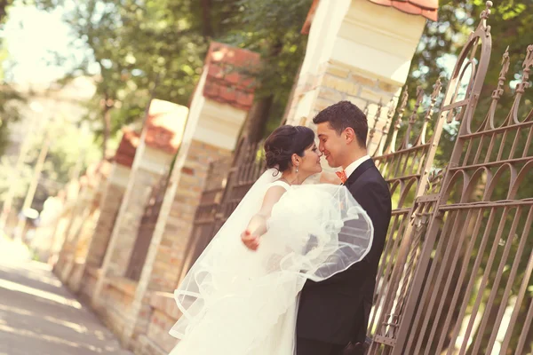 Happy bridal couple embracing in park — Stock Photo, Image