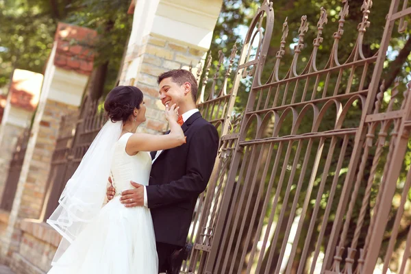 Feliz pareja de novias abrazándose en el parque — Foto de Stock