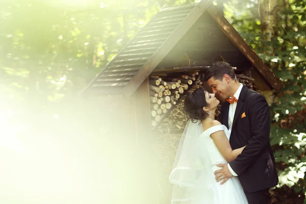 Feliz casal nupcial abraçando no parque — Fotografia de Stock