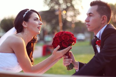 Gelin ve damat parkta kucaklayan