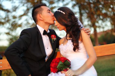 Gelin ve damat parkta kucaklayan