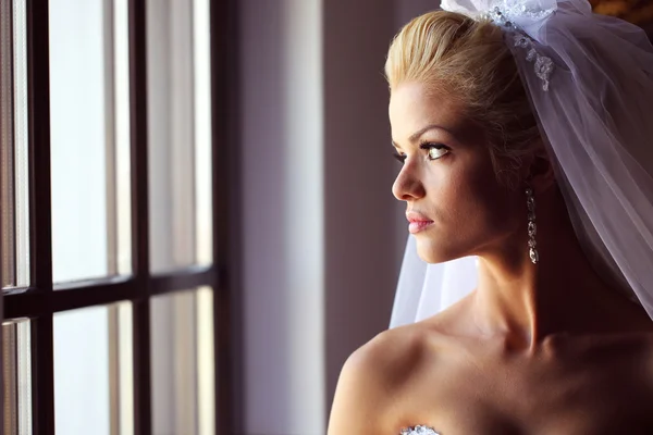 Gyönyörű menyasszony, fátyol jelentő — Stock Fotó