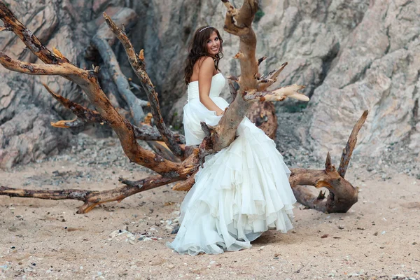 Bella sposa in piedi su rami — Foto Stock