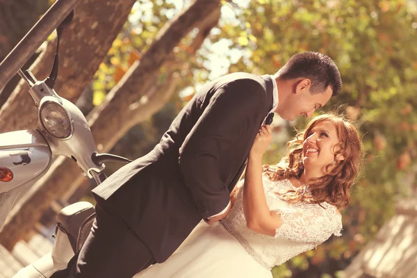 Novio y novia posando en el parque — Foto de Stock