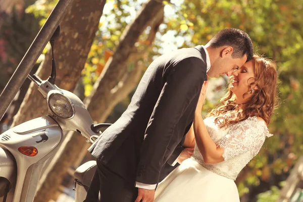 Novia y novio posando en el parque — Foto de Stock