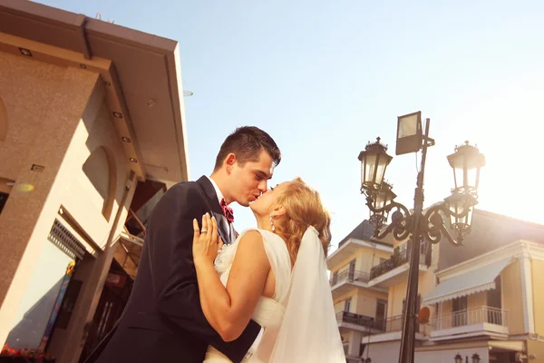 Bride kissing groom embracing — Stock Photo, Image