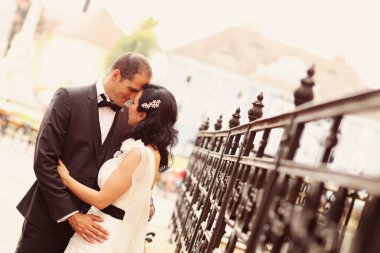 Güzel gelin ve Damat Düğün gününde kucaklayan