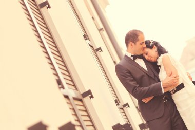 Güzel gelin ve Damat Düğün gününde kucaklayan