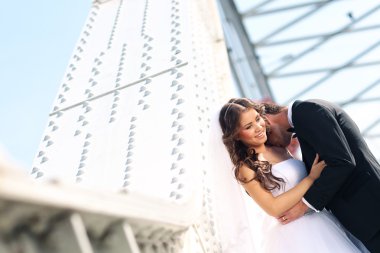 Güzel gelin ve damat şehirde kucaklayan