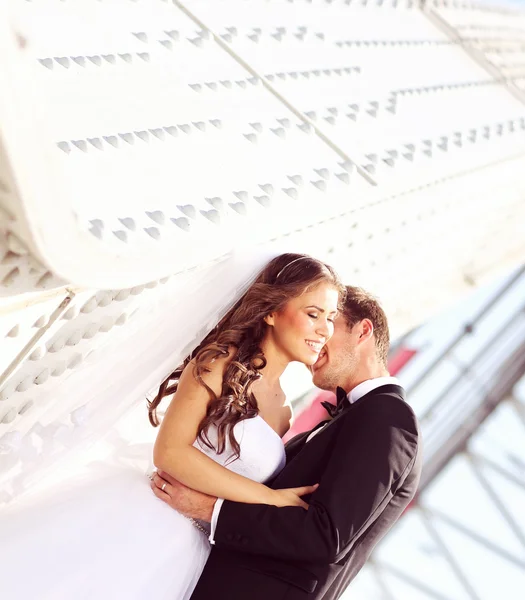 Schönes Brautpaar umarmt sich in der Nähe der Architektur — Stockfoto